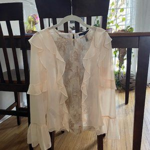 BCBG MaxAzria Sheer Cream Ruffle Blouse with Metallic Gold Thread